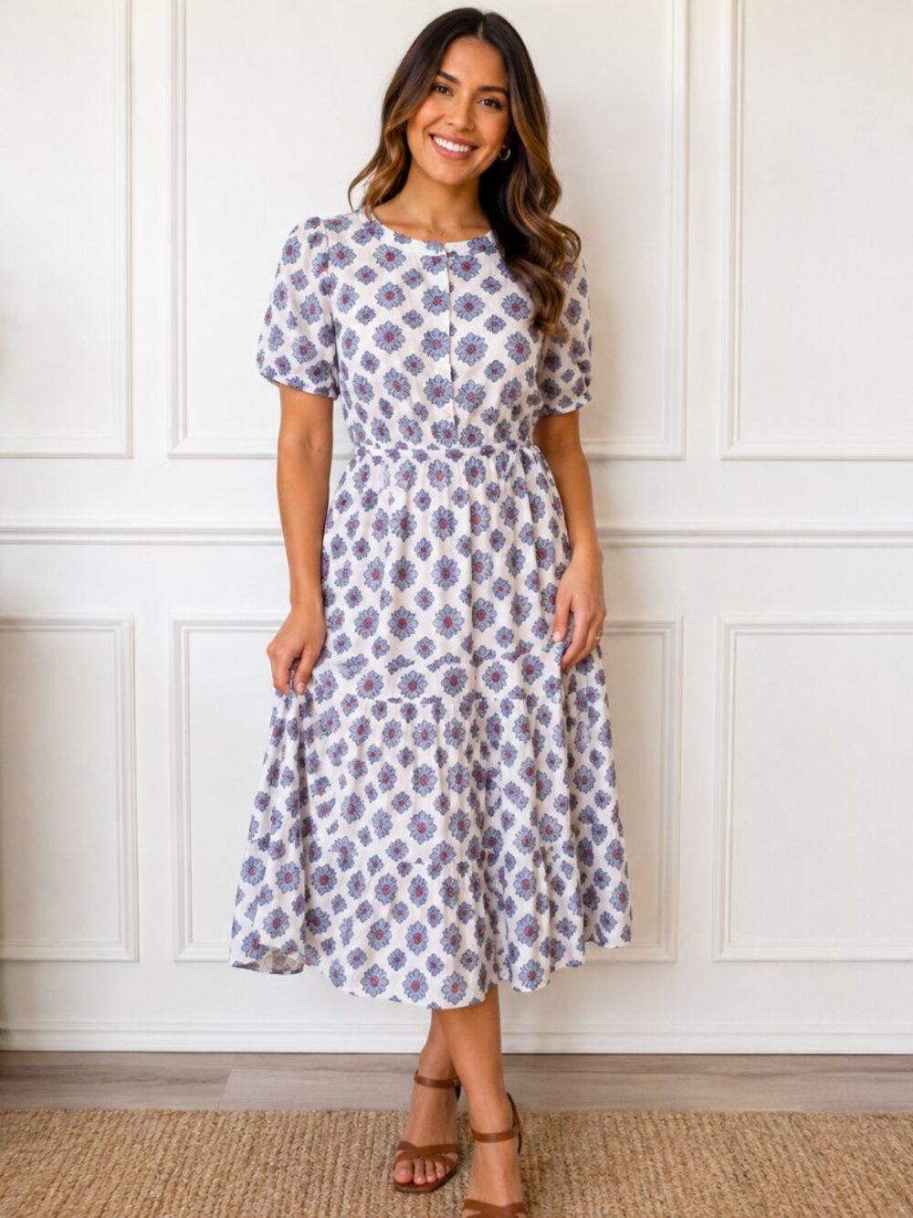 LOFT Ann Taylor Floral Midi Dress Women's 8P Petite White Blue Tie Waist Cotton